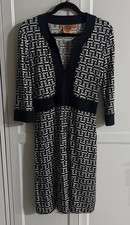 Tory Burch Women's Dress Navy Blue Geometric Print Sheath Medium 100% Silk