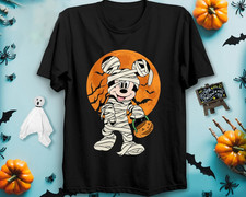 Disney Mickey Mouse Black T-Shirt , Mummy Holding Pumpkin Halloween