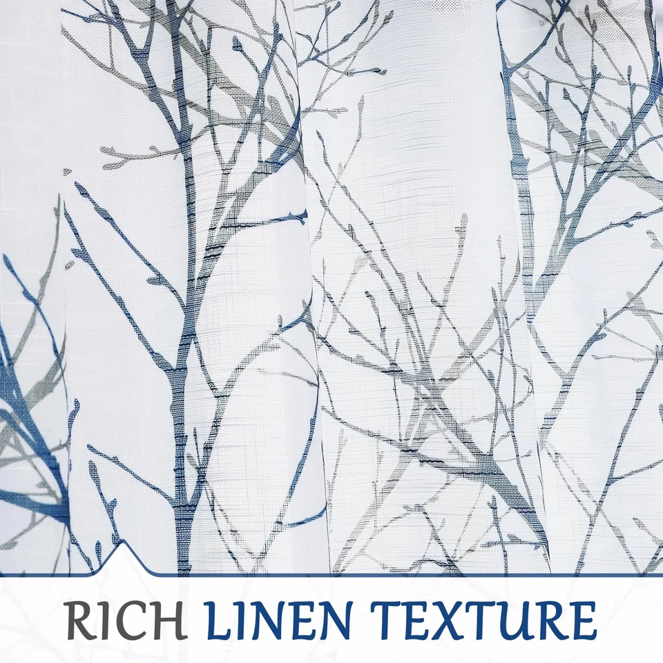 "Paneles de cortina semi transparentes con estampado FMFUNCTEX azul blanco para dormitorio 63"" árbol gris" Foto 4 de 4