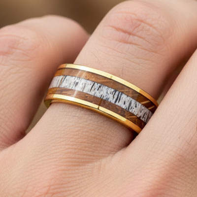 8mm Men s Tungsten Wedding Band   Yellow Gold with Whiskey Barrel & Antler Inlay