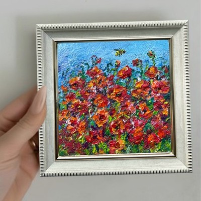 Original Oil Painting Poppy Field  Impasto Impressionist 4x4in Signed