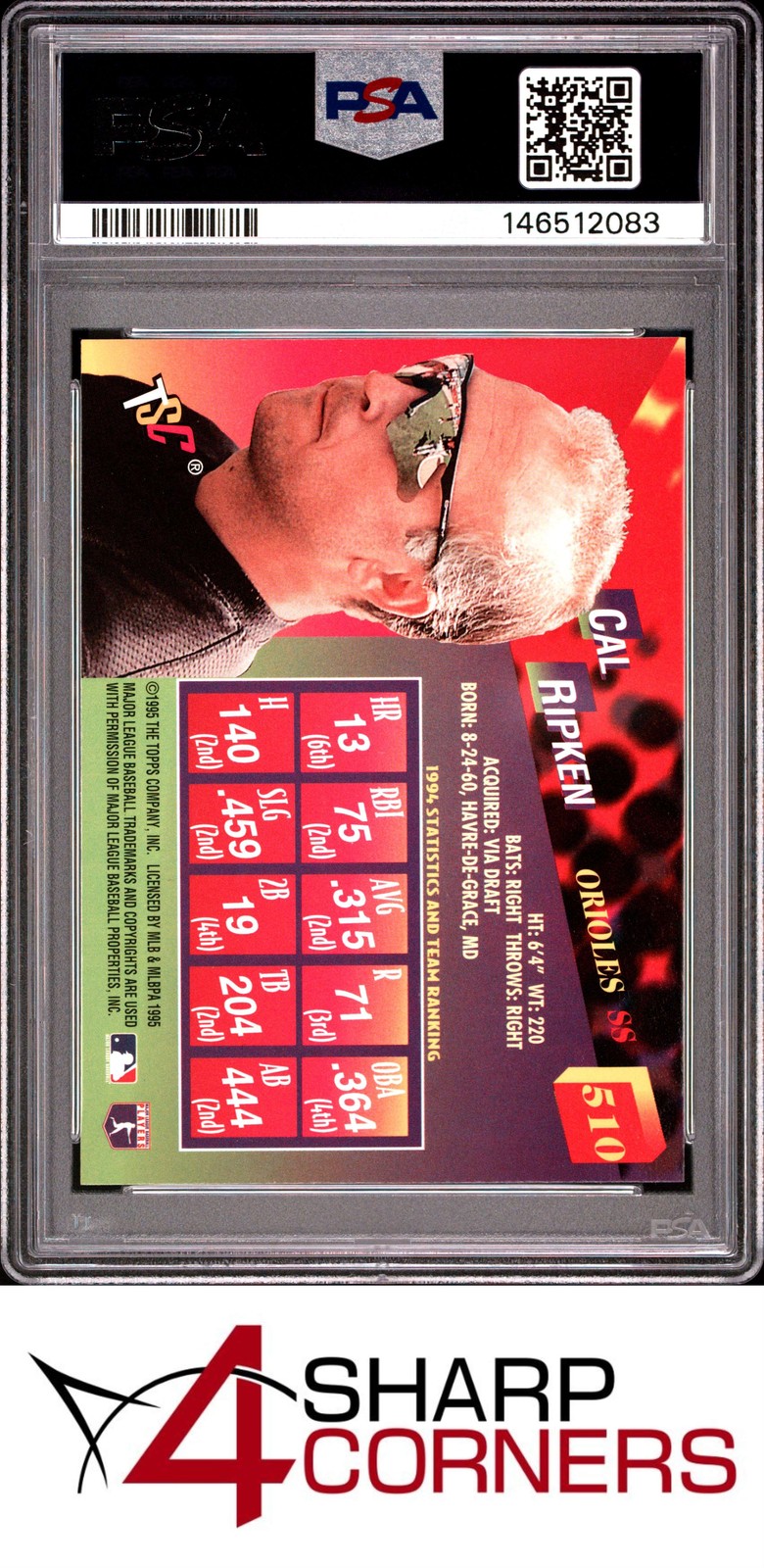 1995 STADIUM CLUB #510 CAL RIPKEN JR. ORIOLES HOF PSA 10 view 2