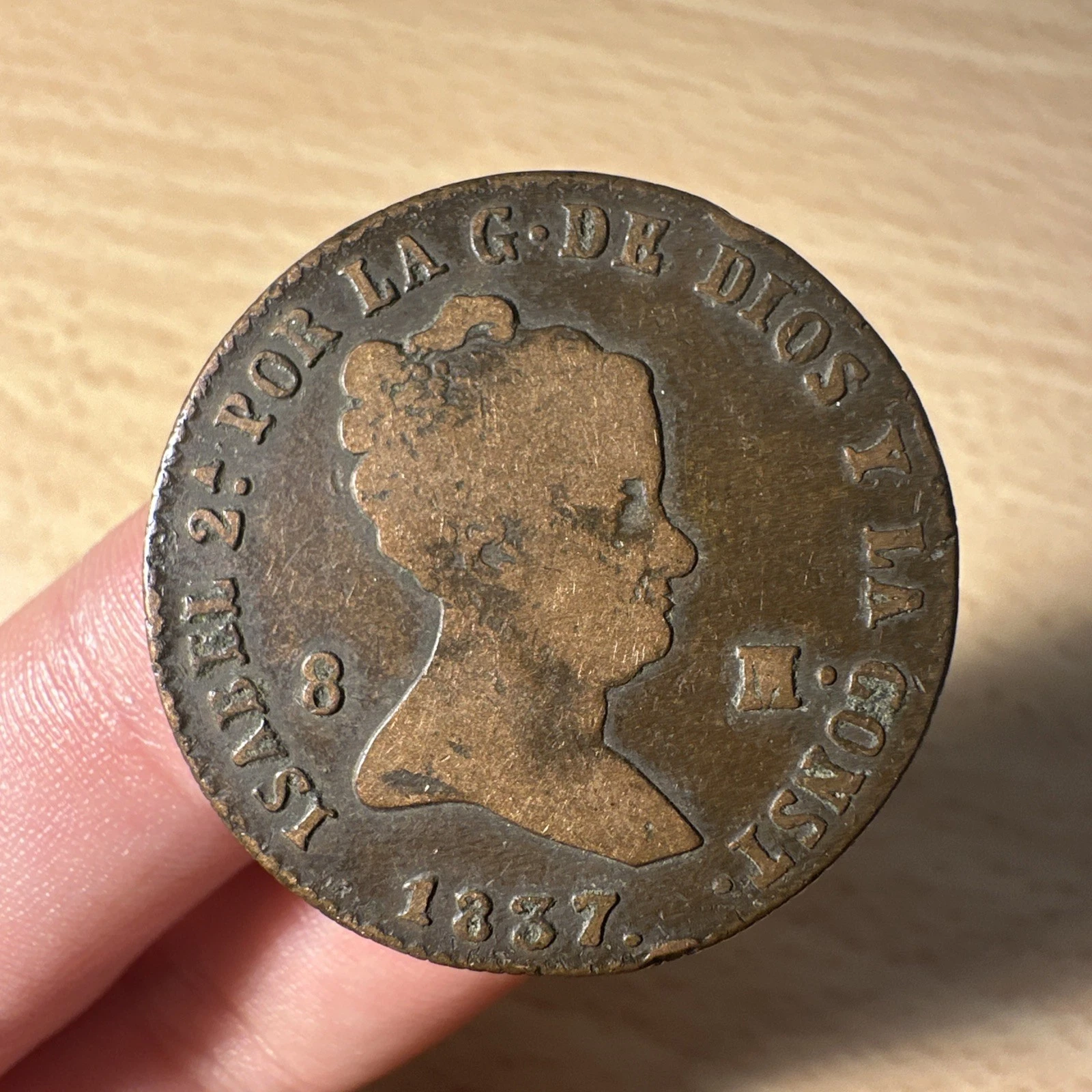 Pièce Espagnole huit 8 maravedis Isabelle II constitutionnel 1837