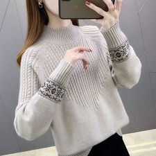 Damen Jacquard Strickpullover Rollkragen Langarm Slim S-2XL