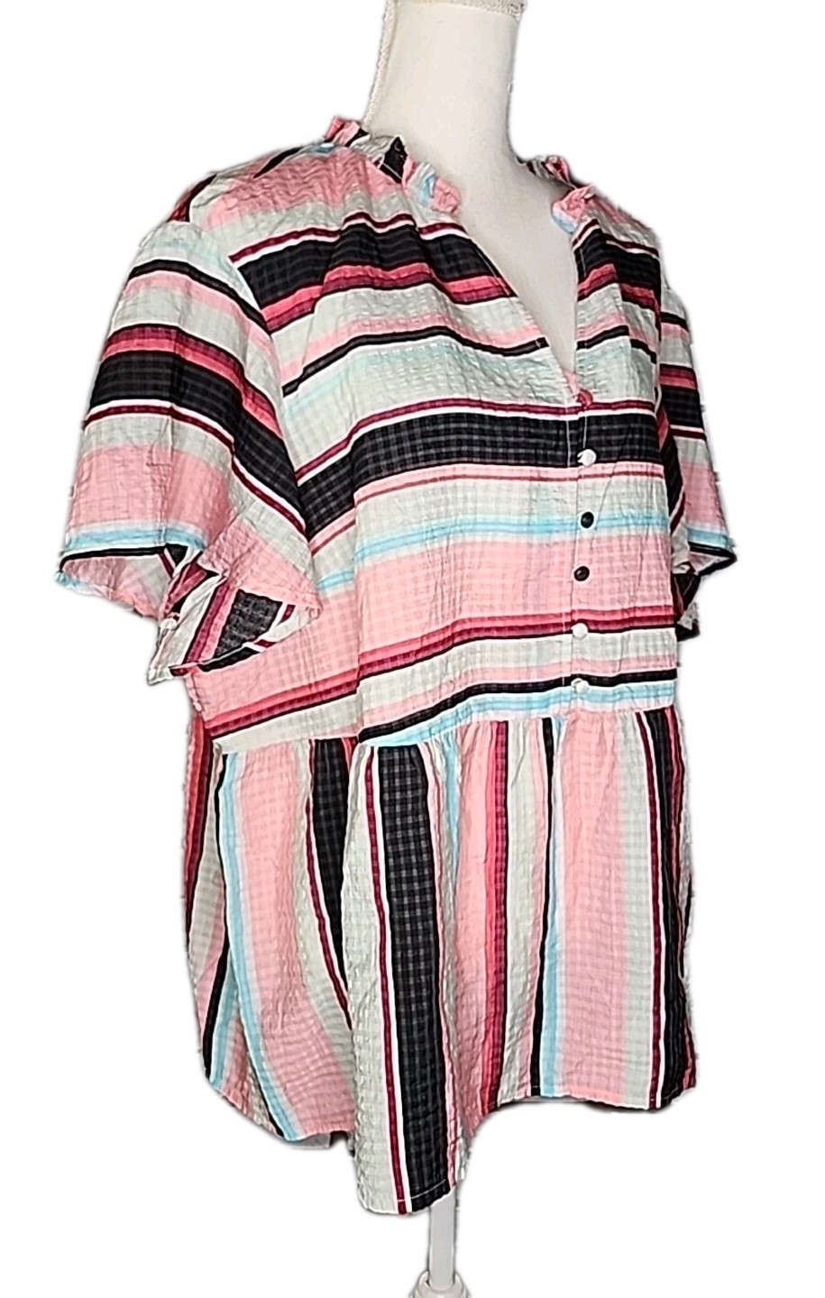 • Lane Bryant Women's Short Sleeve Striped Button Front Blouse Sz 22 Multicolor