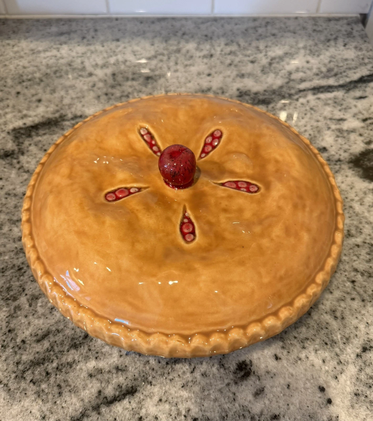 1980s Vintage Hand Painted Ceramic Cherry Pie Plate With A Lid - Pie Keeper