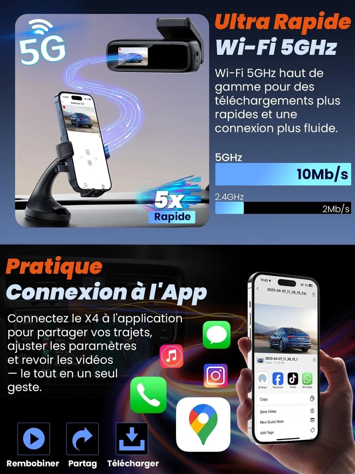 Dashcam voiture avant arrière 4K 1080P Wi-Fi 5 GHz 64 Go X4 - Photo 3/4