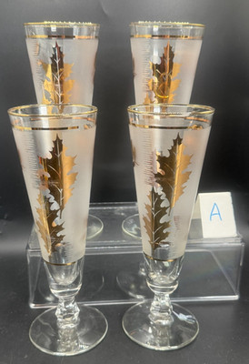 4 Vintage Libbey Golden Foliage 8.5'' Footed Pilsner Beer Glasses 22K Gold Design