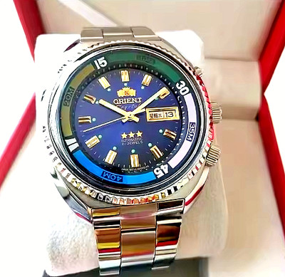 Orient Automatik Mechanische Uhr, Blaues Zifferblatt, Tag/Datum, Edelstahlarmband