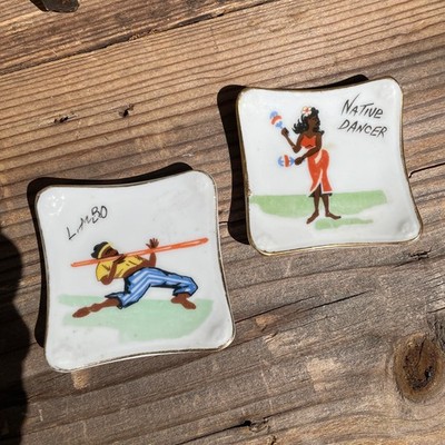 2-2.5'' Small Plates Limbo & Girl Dancer Pictures Tropical Island Vintage