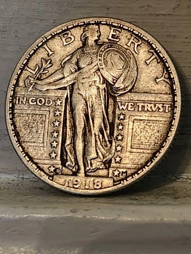 1918d Standing Liberty Quarter.  Low AU. Harder Date. Eye Appeal++.