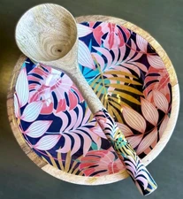 Colorful Tropical Leaves Artisanal Serving Mango Wood Bowl & Spoon Set New