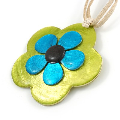 Romantic Shell Flower Pendant with Cream Faux Suede Cords (Lime Green, Blue,