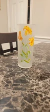 Vintage Libby Frosted Glass Hand Painted Flowers 2.25" W x 6" H