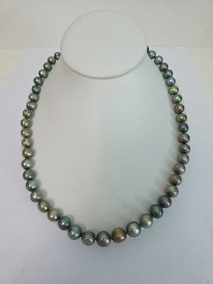 Vintage Honora Pearls Green Shades Strand w/925 Sterling Silver Clasp 20''