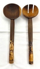BEAUTIFUL PAIR OF HANDMADE SALAD WOOD SERVERS WITH NATURAL BONE HANDLES V/G