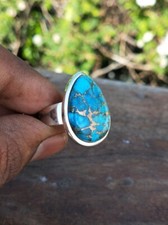 Blu Rame Turchese Anello per Donna 925 Argento Sterling Fatto a Mano Boho Anello
