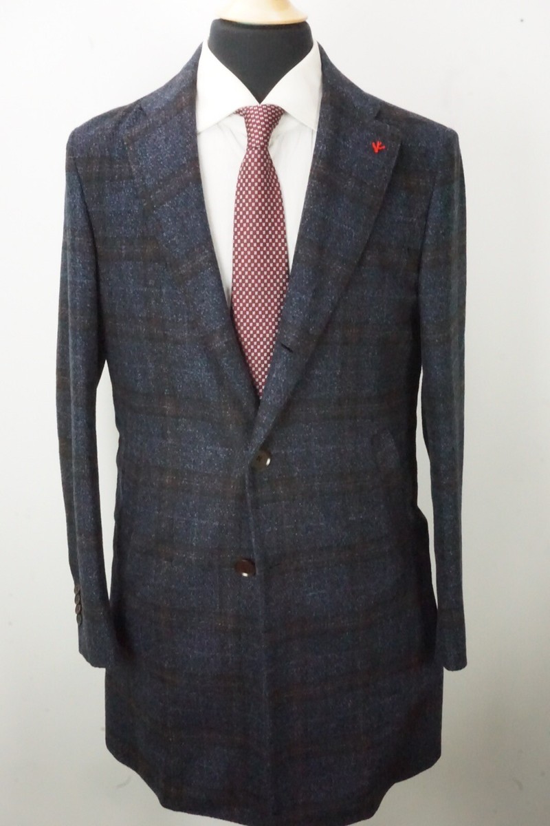 Isaia Cashmere Blend Blue Brown Plaid Woven Overcoat Jacket Isaia Cashmere Blend Blue Brown Plaid Woven Overcoat Jacket