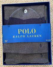 Polo Ralph Lauren Hat  Scarf Set Knit Winter Acrylic PP0430 Gray Navy Pony