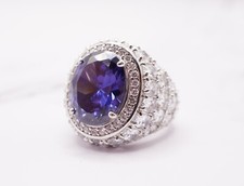 Sterling Silver 925 Oval Blue Simulated Sapphire & Pave Cocktail Ring Size 5.75