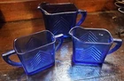 Vintage Hazel Atlas Cobalt Blue Chevron Creamer Sugar & Milk Pitcher Glass Deco
