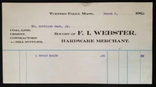 1911 BILLHEAD~F.I. WEBSTER, TURNERS FALLS, MASS. HARDWARE MERCHANT