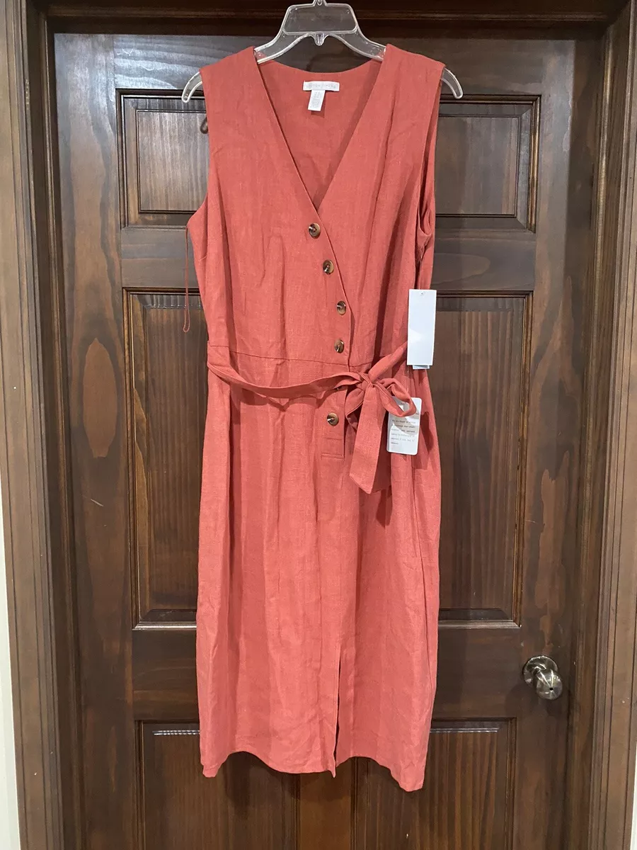 london tmes linen blend rust light maroon side button faux wrap 16 Dress
