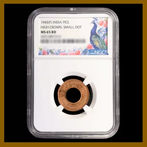 British India 1 Pice, 1943 (P) NGC MS 65 RD High Crown Small Dot 4431489-005