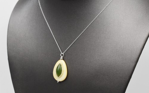 Sterling Pear MOP & Marquise Jade w/Oriental Pearl Pendant 18" Chain 1.4g – Chic - Picture 11 of 15