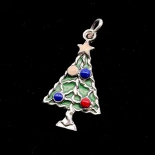 Vintage .925 Sterling Silver Small Christmas Tree Pendant/Charm, Enamel, 1.47g