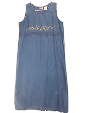 Vintage Erika Collection Blue Denim Dress Embroidered Floral Cotton Jumper Sz L