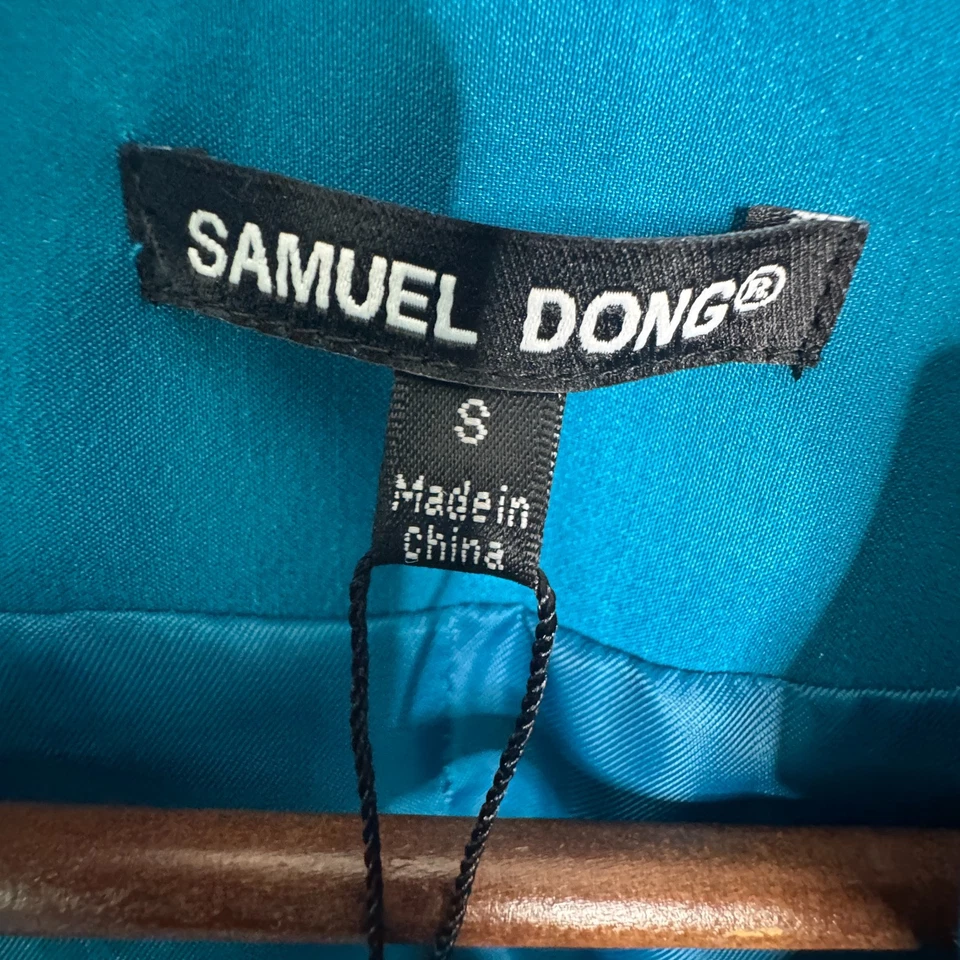 Chaqueta Samuel Dong Mujer Pequeña Azul Cinturón Volantes Cuello Burbuja Dobladillo Largo Medio Foto 3 de 4