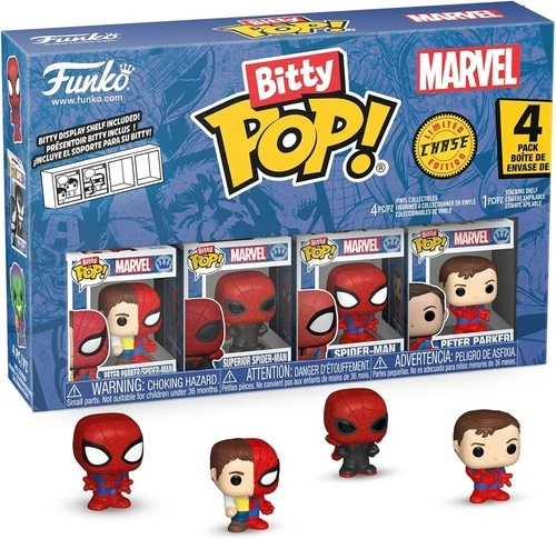 Funko Pop! Bitty: Peter Parker/SM, Superior SM, Spider-Man, & Mystery, 4 Pack