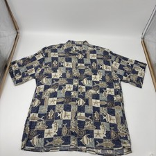 Vintage Hawaiian Shirt Mens Large, Blue/Brown Fish Print 90s Pierre Cardin