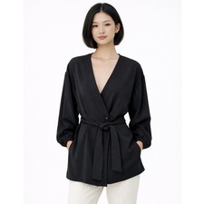 Zara Black V-Neck Belted Wrap Blazer Long Bubble Sleeve M Preppy Chic 102-88