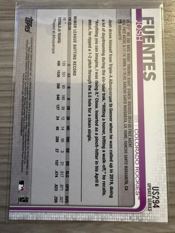 2019 Topps Update Series - Josh Fuentes #US294 150th Anniversary (RC) - Image 2 of 2