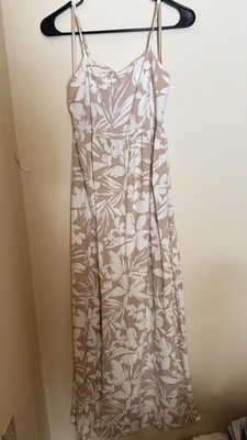 monteau linen dress Monteau Los Angeles Floral Maxi Dress Beige White Rayon Linen Spaghetti  Strap M