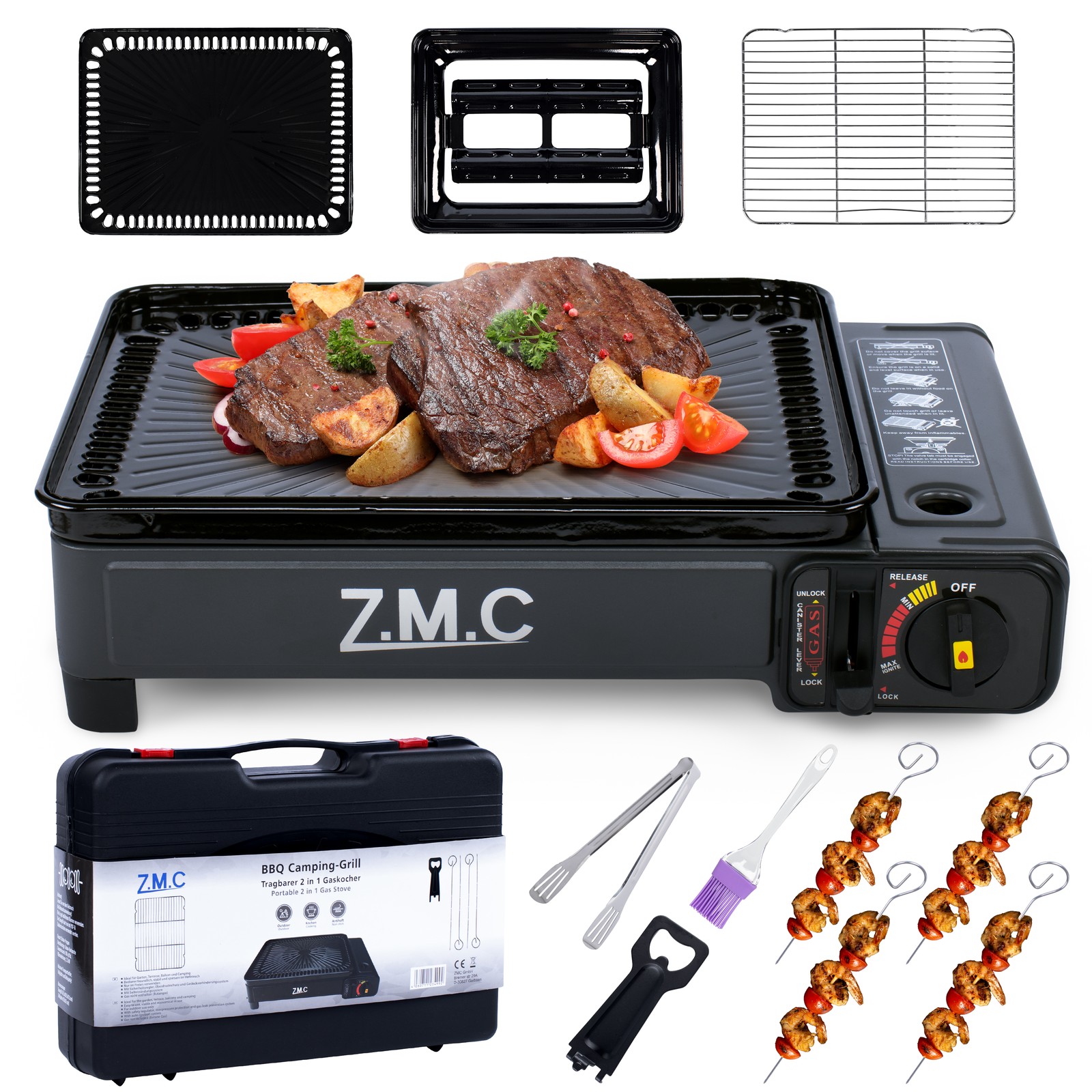ZMC 2in1 Gaskocher Camping-Kocher + Gasgrill inkl. Gaskartuschen, Grillplatte