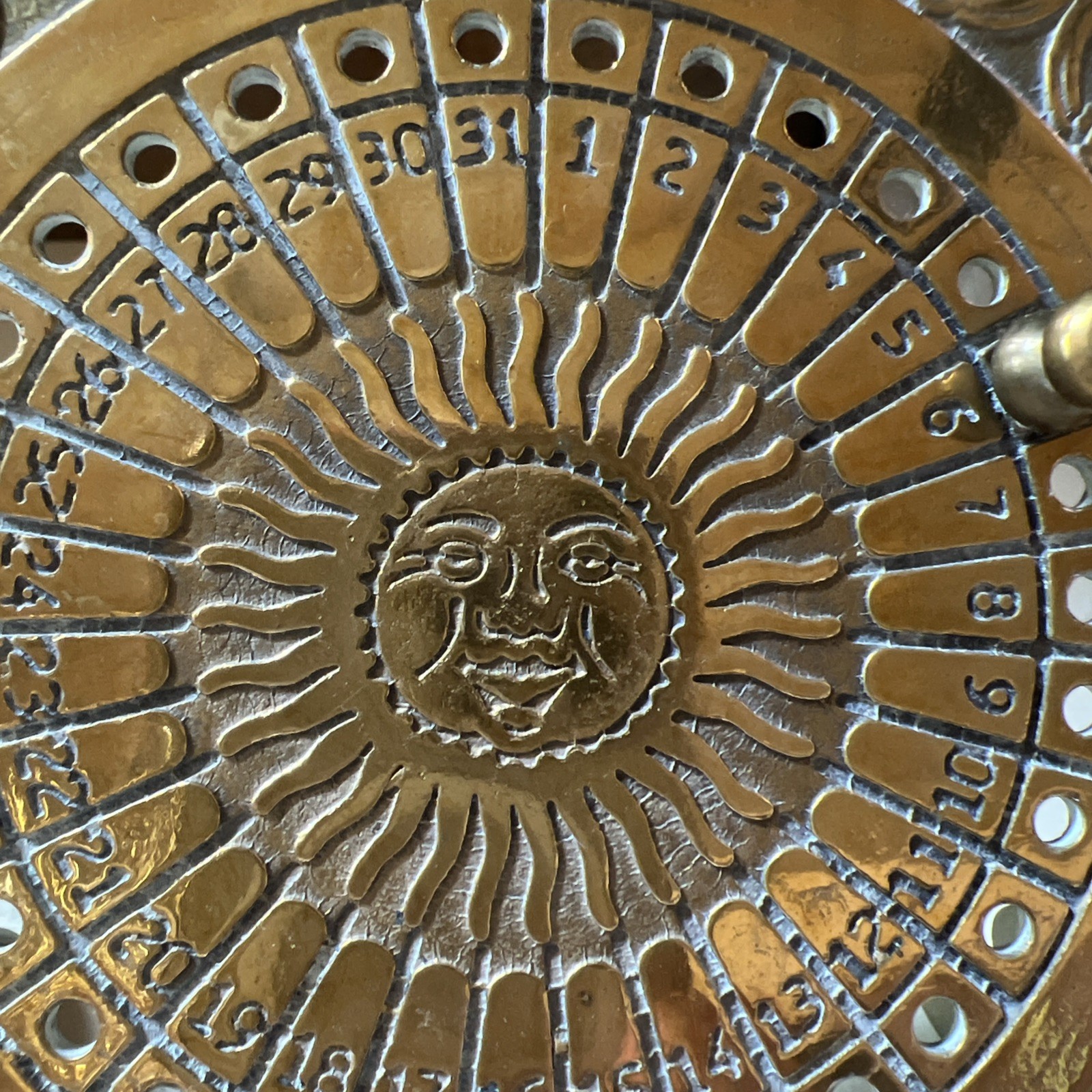 Vintage Brass Perpetual Calendar Sun Face Zodiac Rare Complete 2 Pins Desk
