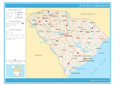 Map of the State of South Carolina United States Political Physical Poster Print