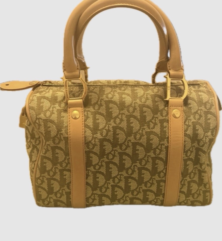 Christian Dior Monogram Canvas Satchel Bag – Beige/Green with Padlock & Gold