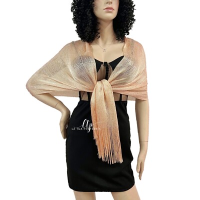 Crema Elegante Stola Scialle Frange con Filo Argento Brillante