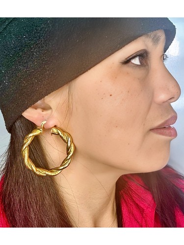LARGE HOOP CREOLE EARRINGS 18K YELLOW GOLD FILLED WOMENS 50MM HOOPS - Picture 6 of 8