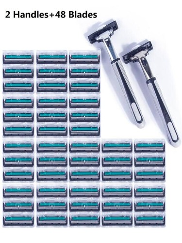 48 Pcs Replacement 2-Layer Razor ,Blades 48Blades + 2Handles,Razor Blade