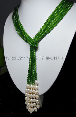 Charming 50'' 3 Strands 4mm Dark Green Jade Round Beads White Pearl Necklace