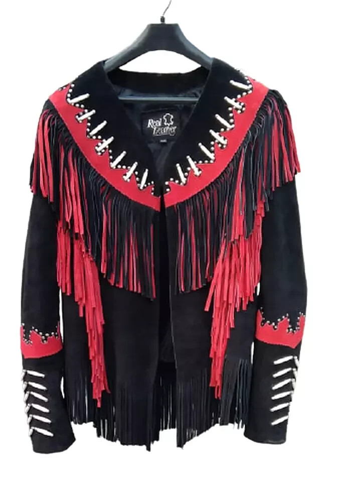Women Native American Western Cowboy Leather Jacket Suede Contrast Fringe & Bead