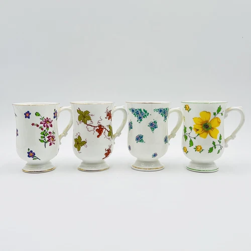 4 Royal Victoria England Fine Bone China Floral Pedestal Mugs Cups 4.5”