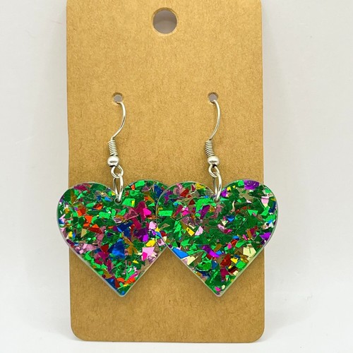Valentine's Day Green Heart Colorful Sprinkle Resin Novelty Dangle Earrings