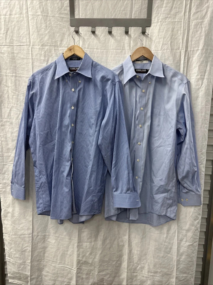 Lot (2) Kirkland Signature Non-Iron Dress Shirt Men’s 16.5-33 blue Striped/Solid - Image 2 of 4
