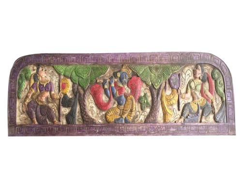 Vintage Hand Carved Sitting Krishna Fluting Headboard Wall Decor Wall Hanging 